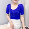Летняя женская футболка с блестящими бусинами, модный повседневный облегающий сетчатый топ, классическая дизайнерская футболка с коротким рукавом, блузка