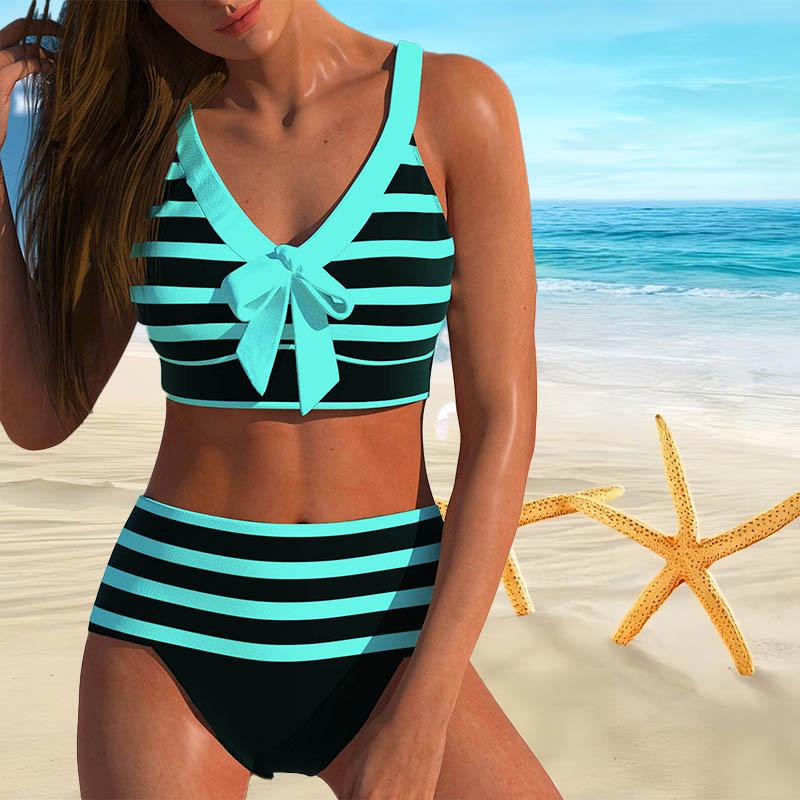 Shoulder Swimsuit Striped Womens Strap Printed Bikini Short Tank Top Swimsuit