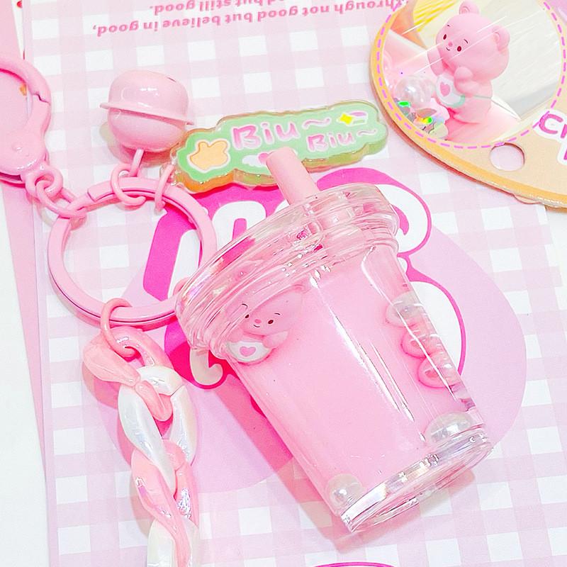 Pink Eyecatching And Orange Cream Bear Milk Tea Cup Keychain Charming Gift Idea