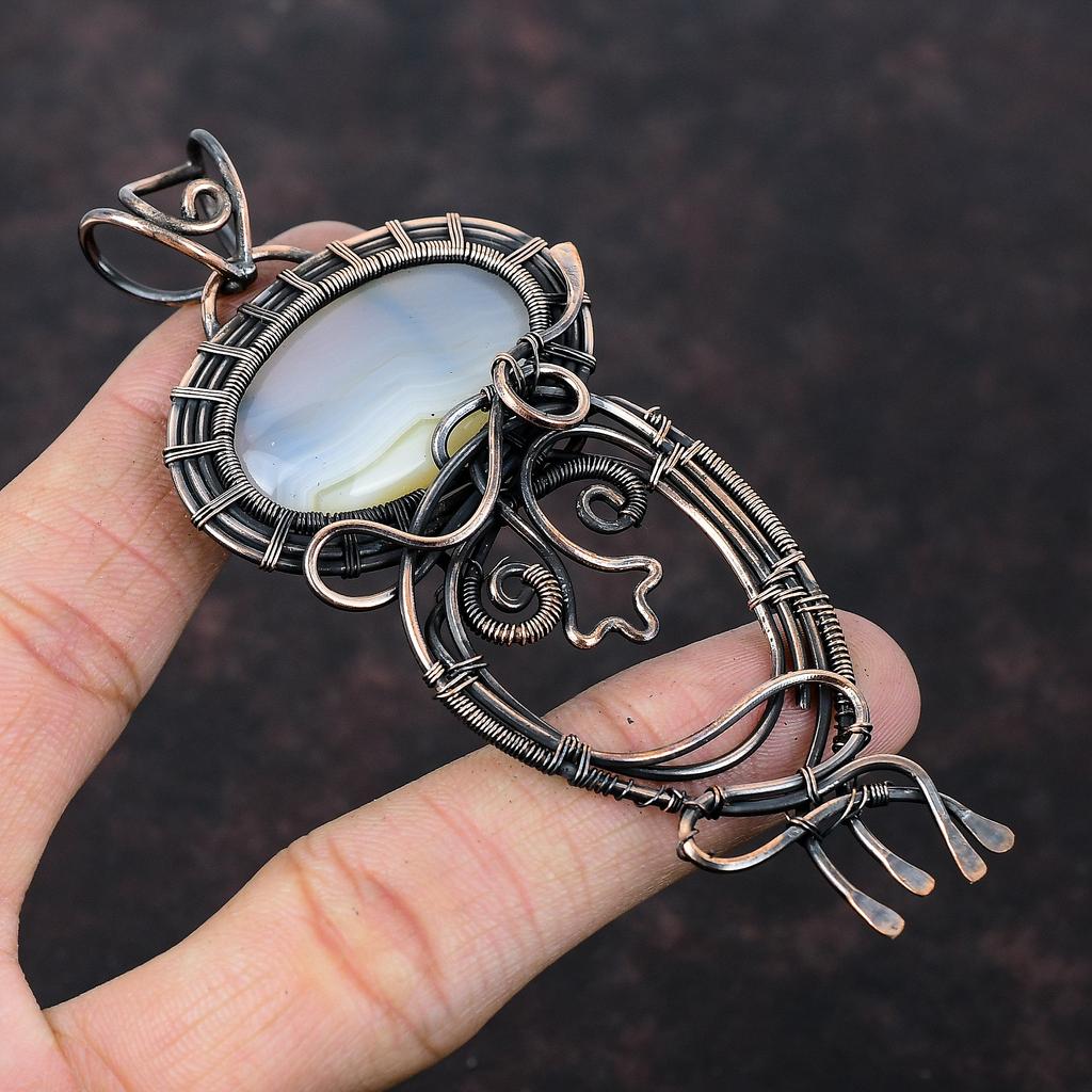 Подвеска из агата Ботсваны, подвеска из медной проволоки с драгоценным камнем, ювелирное изделие ручной работы, подвеска в этническом стиле, подвеска с камнем по рождению, медные ювелирные изделия для подарка