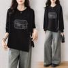 DIMANAF 2025 Осень Женские Худи Рубашки Футболки Черная Футболка с Длинным Рукавом Свободные Повседневные Топы Большого Размера