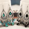 Boho Women Hollow Carved Faux Gemstone Tassel Drop Dangle Hook Earring Jewelry