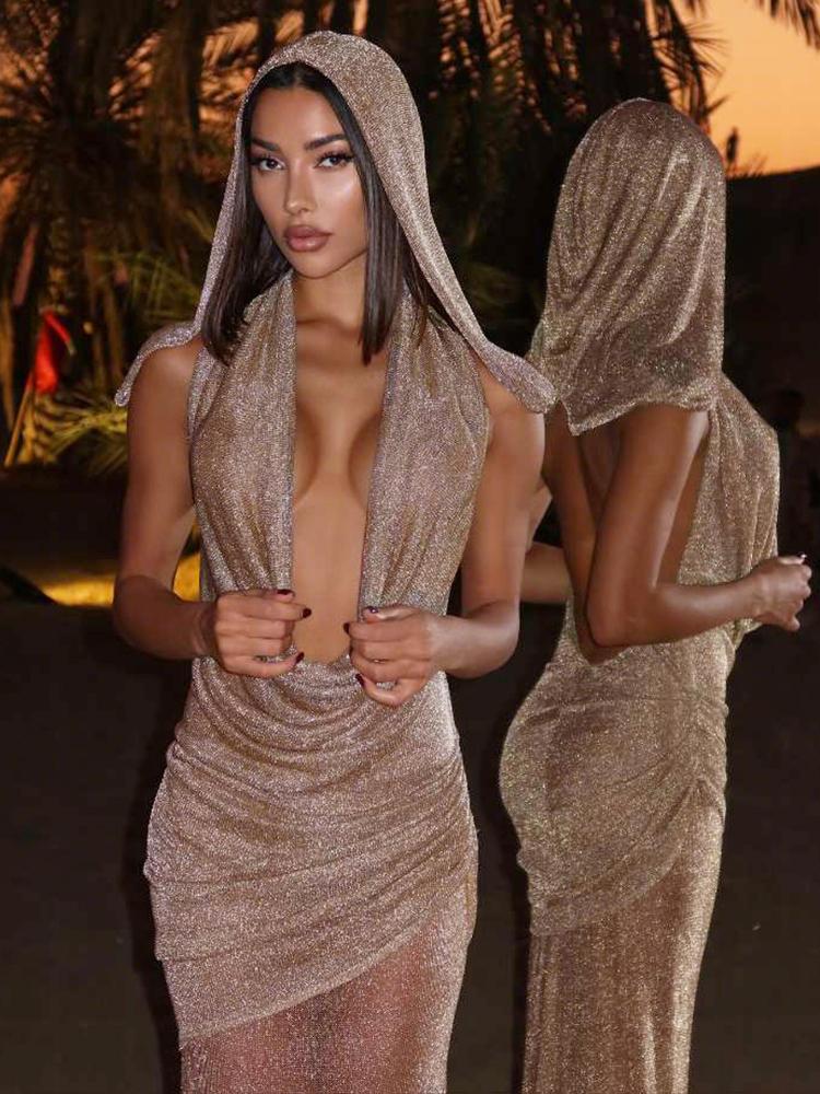 Kliou Shiny Mesh Patchwork Hooded Dress Woman Swing Collar Backless Sleeveless Robe Vacation Beach Party Style Elegant Vestidos