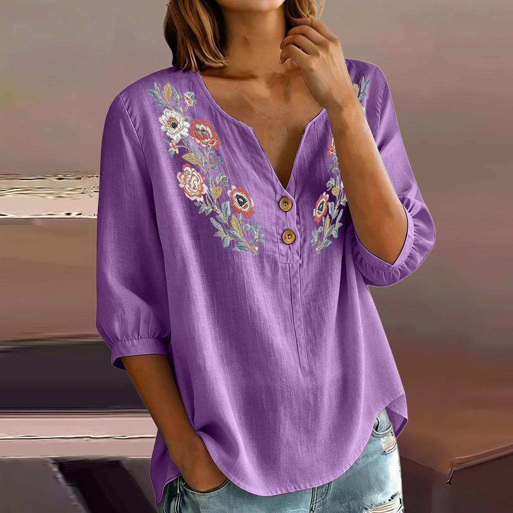 Женская льняно-хлопковая блузка-henley с цветочной вышивкой, пуговицами на воротнике, рукавами три четверти, повседневная, свободного кроя