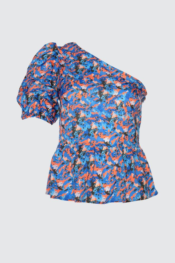 Women's Style Blouse Blue Single Sleeve Floral Woven Blouse