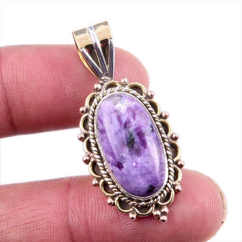 Подвеска из натурального камня чароит из стерлингового серебра 925 пробы в двух тонах 1,5 дюйма s1J16