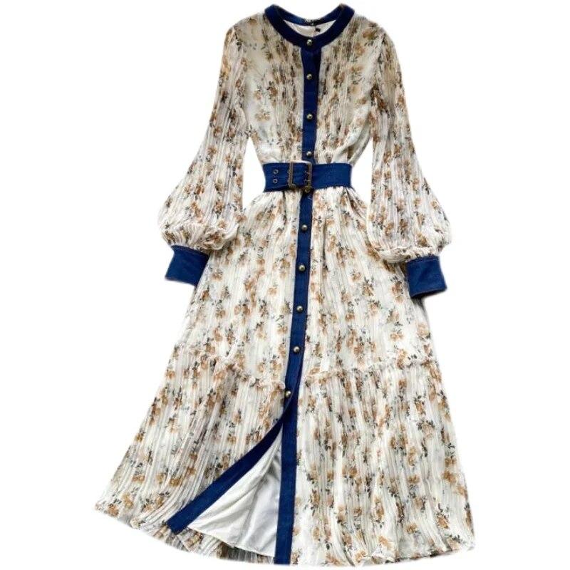 Autumn Lace Vintage Fairy Dress Women Patchwork Elegant Party Midi Dress Female Bow Korean Fashion One Piece Floral Dress 2024