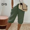 Повседневные брюки с карманами, дышащие, с эластичной резинкой на талии, однотонные, в винтажном стиле, свободные брюки до колена с завязками для женщин