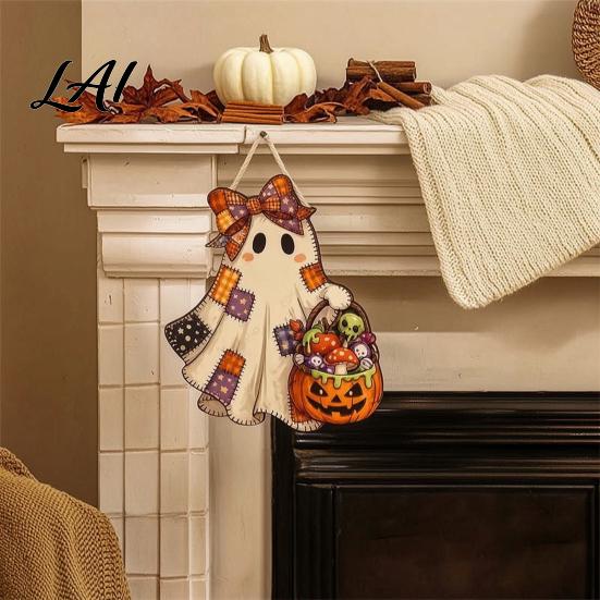 Party Background Decor Halloween Cute Bow Wooden Patchwork Sign Ghost Door Hanging Plaque with Pumpkin Candy Basket Decorative Retro Wall