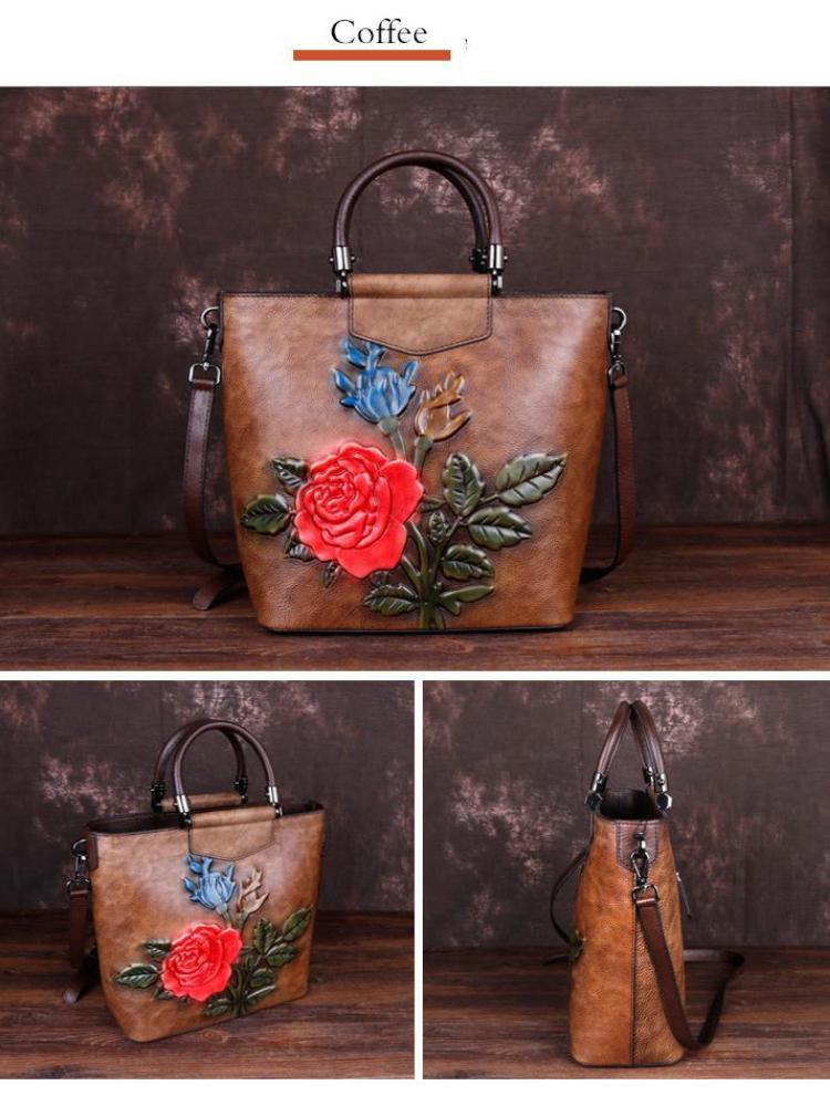 Johnature Retro Large Capacity Luxury Handbags Women Bags Designer Genuine Leather Casual Tote Rose Shoulder Bags