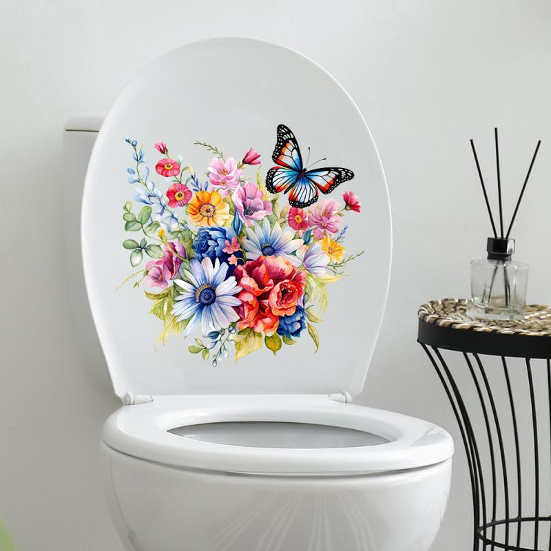 Butterflies Surround Flowers Toilet Sticker Home Decoration Toilet Lid Wc Universal Waterproof Decals Bathroom Accessories