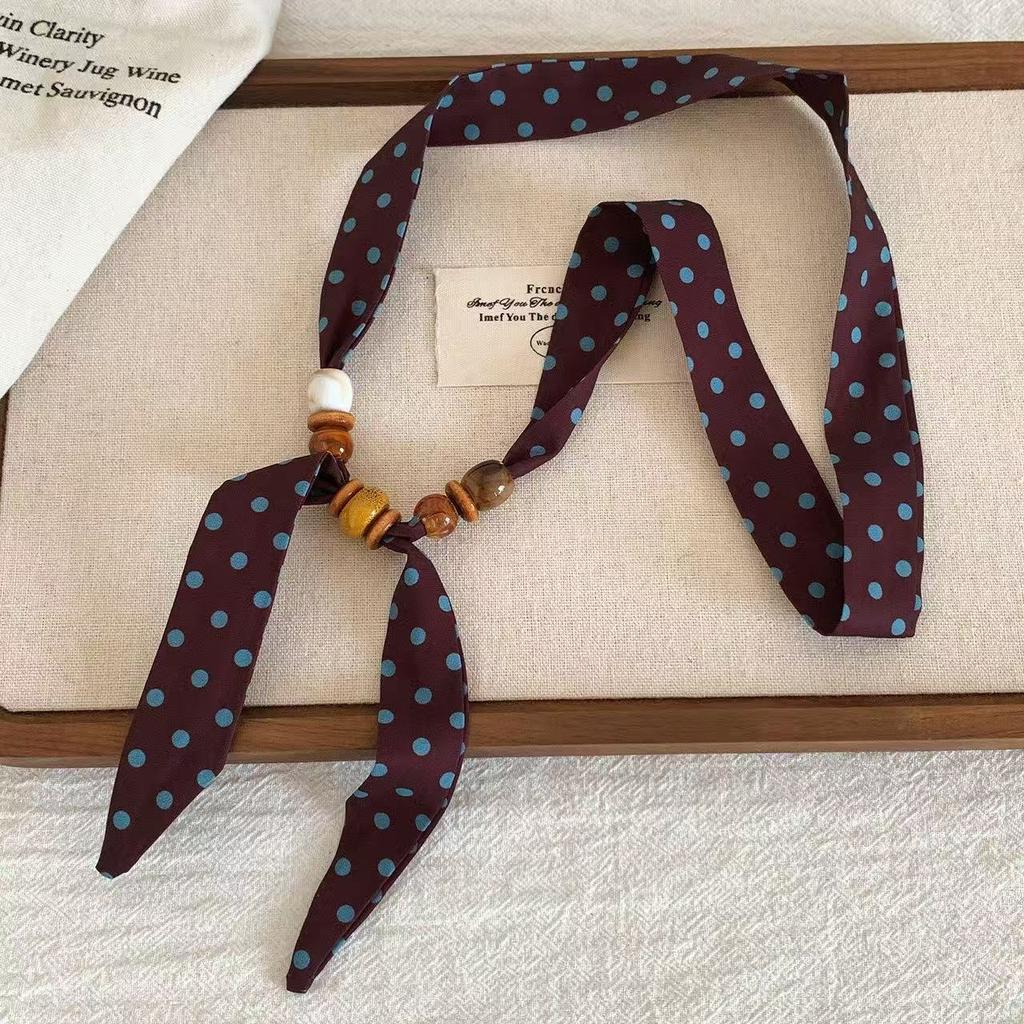 Retro polka dot beaded silk scarf necklace women's new niche design sense neck sweater chain stacked and worn outside