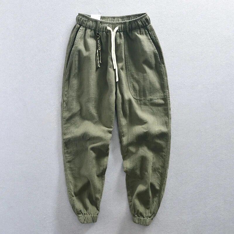 Spring and Summer Cotton Linens Pants for Men Streetwear Casual Cargo Pants Solid Ankle-Tied Drawstring Elastic Waist Men Trousers Japanese Loose Pant