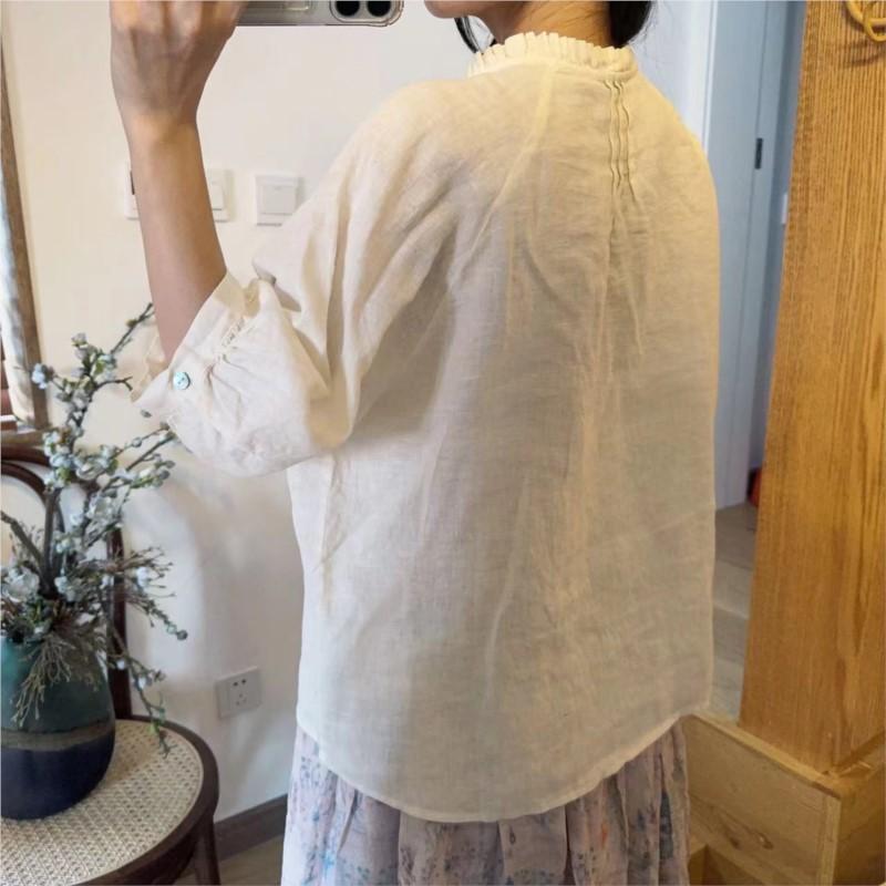 Johnature Летние рубашки, повседневные винтажные рубашки с оборками, простые свободные однотонные плиссированные универсальные женские блузки