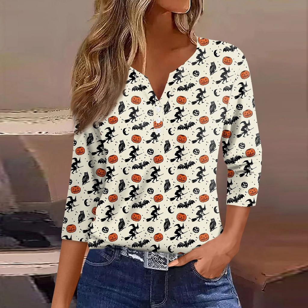 Women's T Shirt Tee Halloween Print Button  3/4 Sleeve Daily Weekend Fashion Basic V- Neck Regular Top