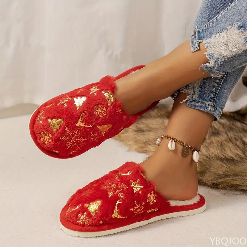 Christmas Baotou Slippers Printed Home Comfortable Plush Leisure Warm Women's Winter Flat Non Slip Slippers Couple Zapatos Mujer