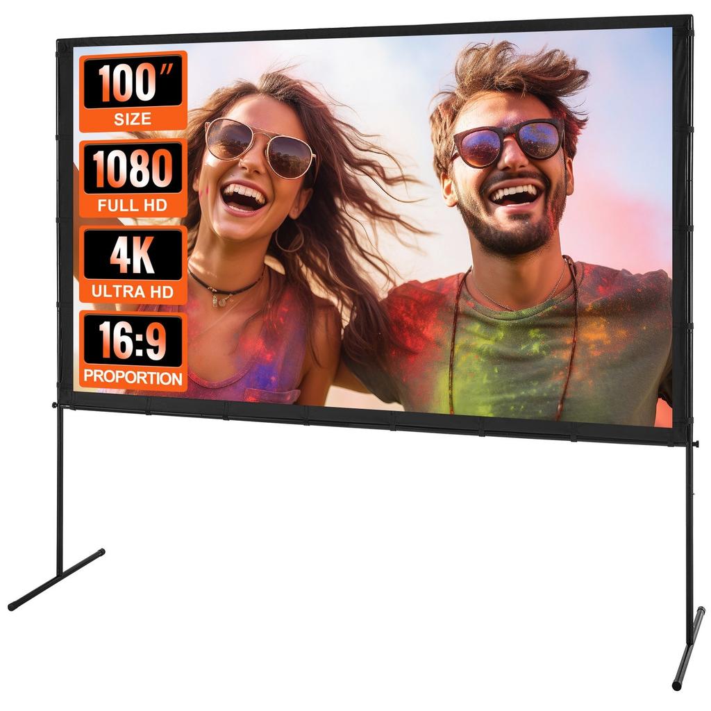 Projector Screen with Stand, 100 inch 16:9 4K 1080 HD Outdoor Movie Screen with Stand, Wrinkle-Free Projection Screen with Bar Feet and Carry Bag, for