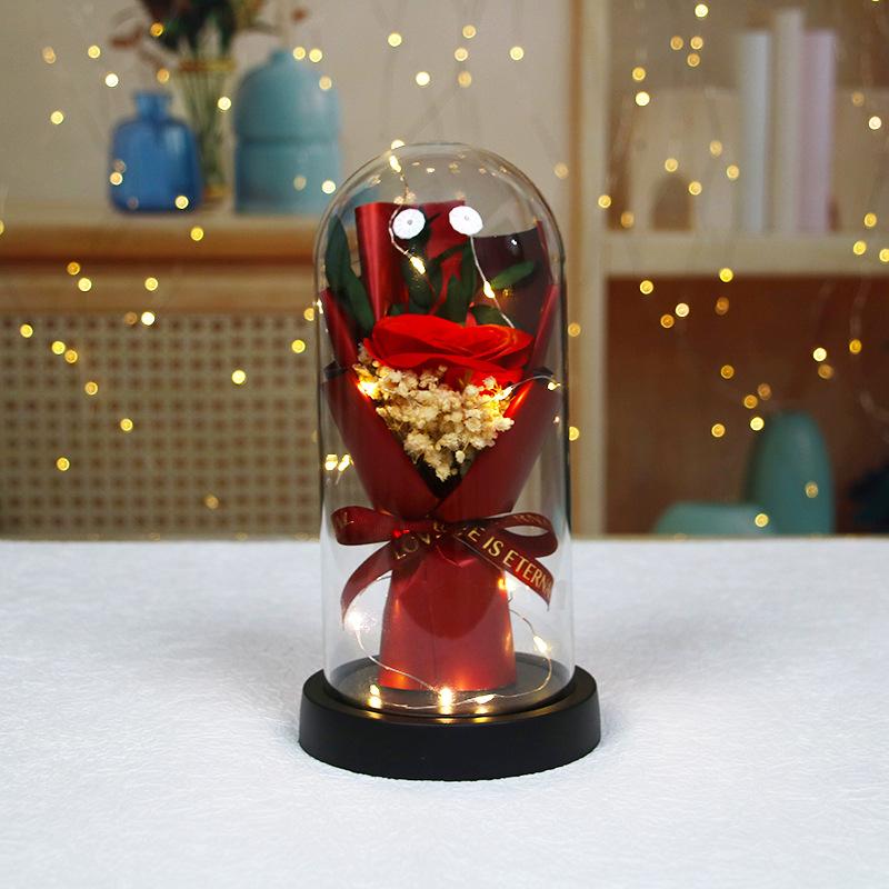 Valentine's Day immortal flower rose birthday gift for girlfriend soap flower glass cover doll bouquet ornament