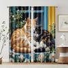 2 Pcs, Filtering Curtains (excluding Rods, Non-movable, Without Batteries) Adorable Lazy Cat and Flowers for Use In Bedrooms and
