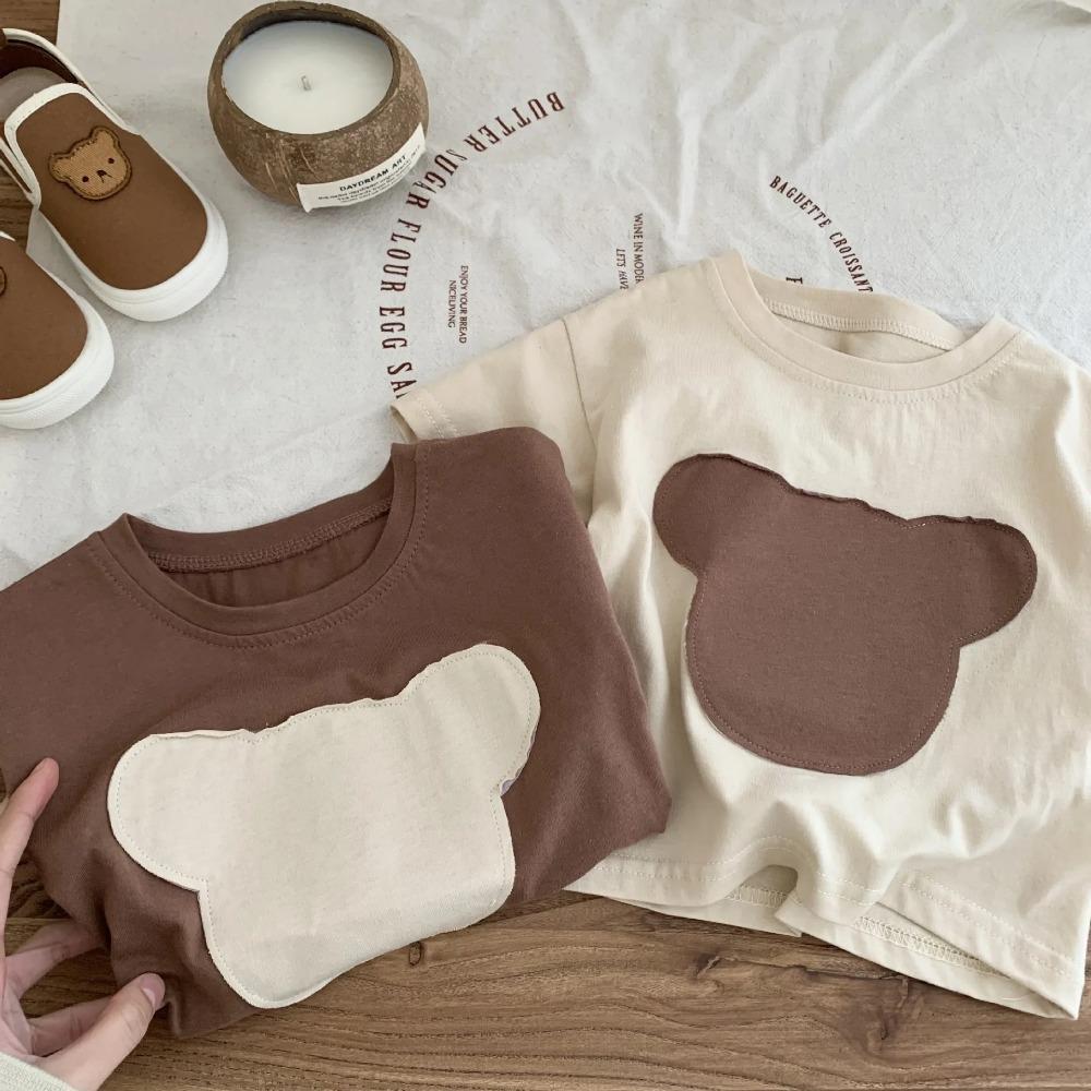 Футболка с героями мультфильмов, детские хлопковые топы с милой нашивкой в ​​виде медведя для девочек, модная спортивная рубашка для мальчиков, детская летняя одежда для детей 0–6 лет