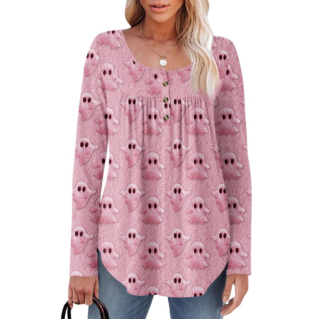 Женская туника с длинным рукавом, свободные топы, повседневные топы оверсайз, плиссированная туника, застегивающаяся на пуговицы, повседневные женские топы с принтом