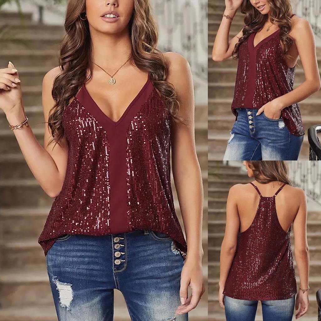 Summer Sequined Camisole Vest, Fashionable And Versatile V-neck Sleeveless Top For Women