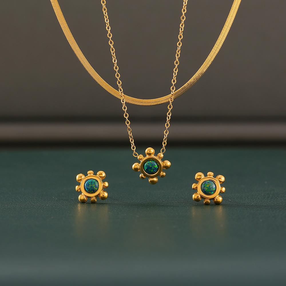 Small and Exquisite Sunflower Natural Gemstone Stud Earrings, Collarbone Necklace, Titanium Steel Plated 18k Real Gold Stacking Set