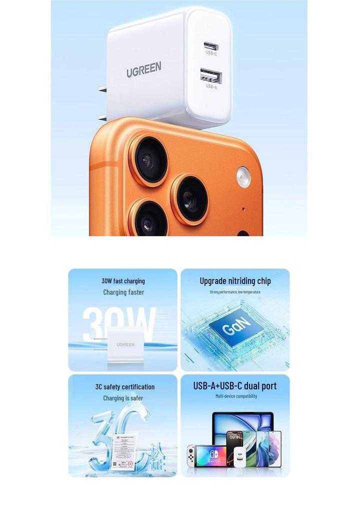 UGREEN 30 Вт двухпортовое зарядное устройство для iPhone 15/13, iPad, Huawei, Android