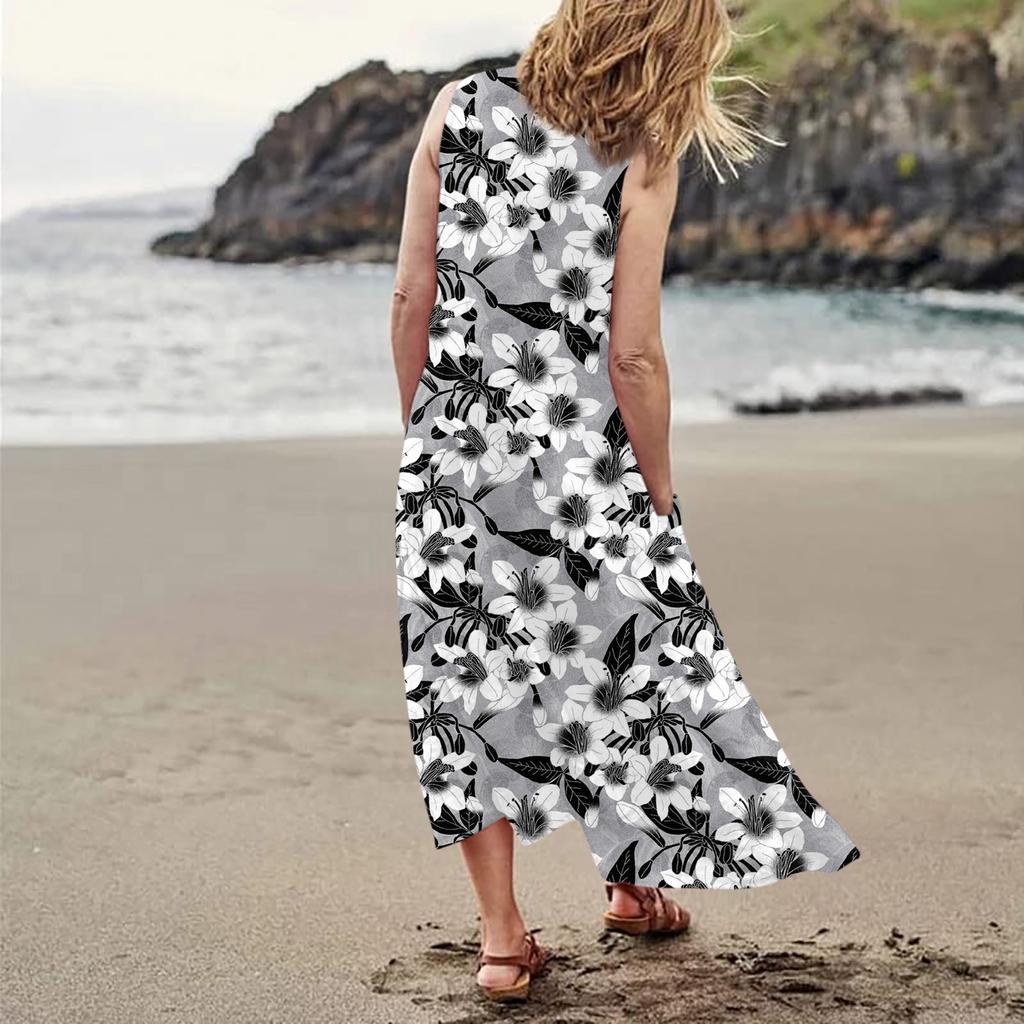 Женское повседневное удобное хлопковое карманное платье без рукавов с цветочным принтом