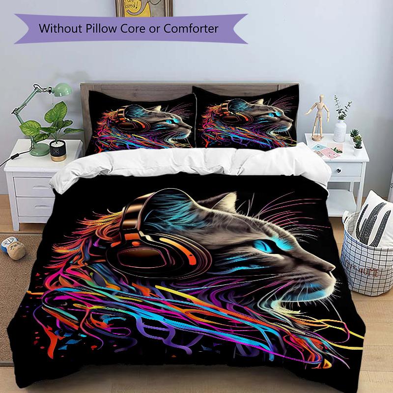 3pcs Music and Art Cat Quilt Set Cartoon Themed Bed Quilt Set Lovely Character Bedroom Decor Bed Quilt