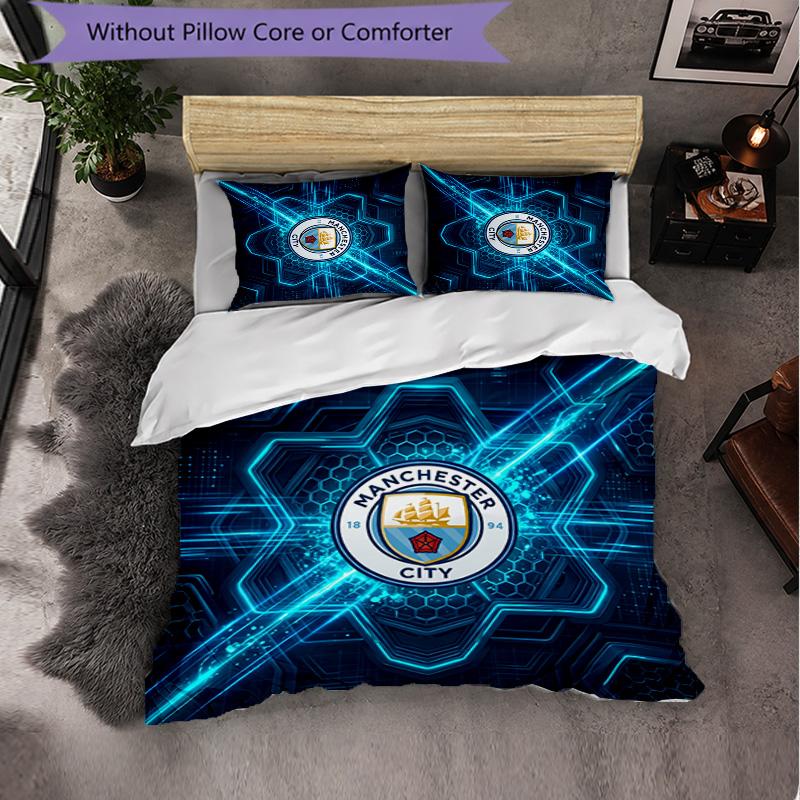 Manchester City Pattern 3 Pieces Bedding Set Soft Microfiber Duvet Cover with Pillow Cases for Bedroom