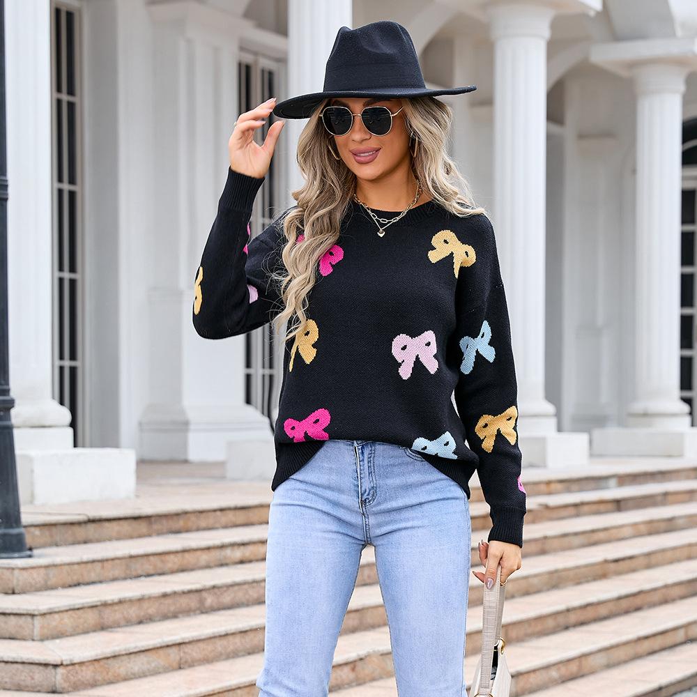 Осенне-зимний женский свитер с бантом, круглый вырез, длинный рукав, вязаный свитер