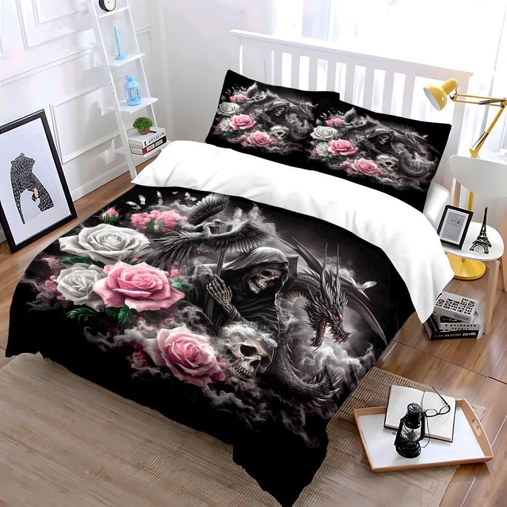 "Dragon Skull Rose Artwork Set" Bedding Set with 1 Duvet Cover 2 Pillowcases Single Double King Queen, Gift
