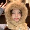 Autumn-Winter Fashion Plush Warm Hat with Fox Ears and Scarf Set for Women, Cute Animal Winter Two-Piece Outfit Plus Neck Warmer