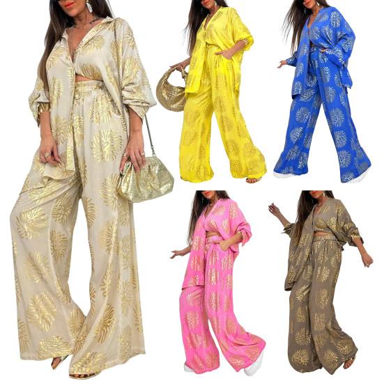 Женские костюмы-двойки с крупным принтом, рубашка на пуговицах с длинным рукавом, брюки с широкими штанинами на резинке, повседневный костюм для отдыха