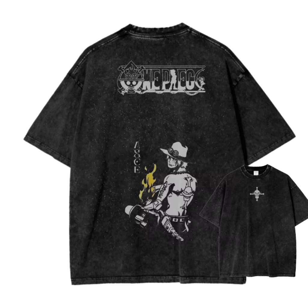 Portgas D. Ace One Piece Washed Oversized Vintage Unisex Anime Manga Graphic T-Shirt Streetwear Short Sleeves High Quality Female Male Clothing