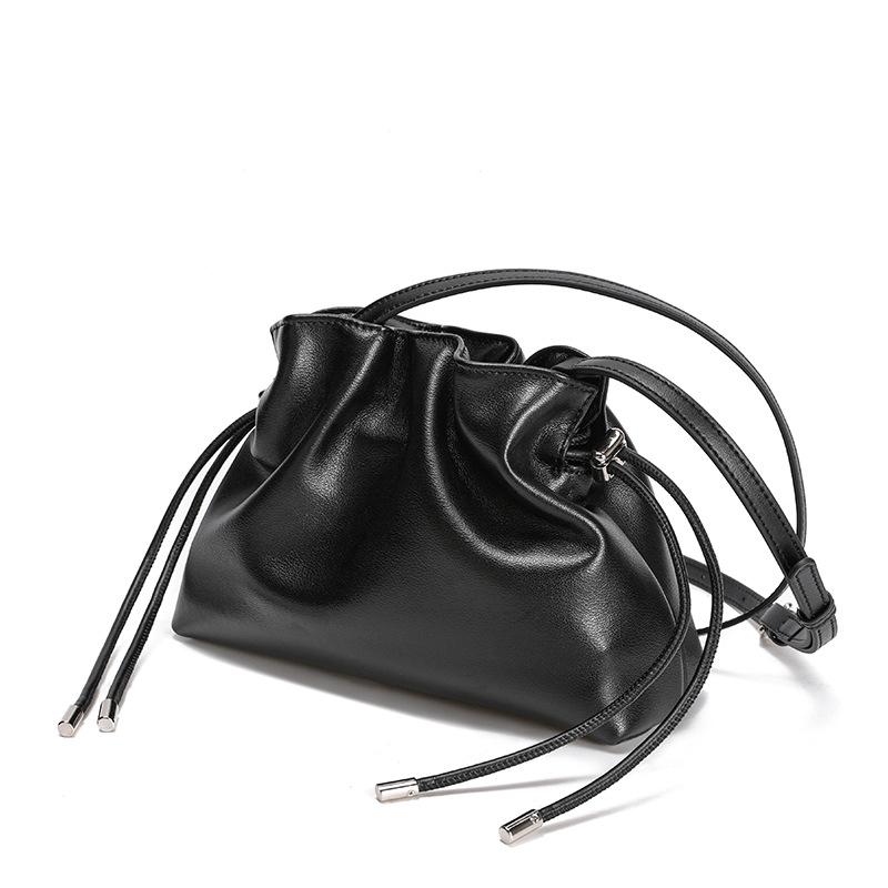 Genuine Leather Women's Handbag Drawstring Tote Bag Pleated All-in-one Crossbody Bag