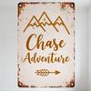 Vintage Adventure Metal Tin Sign, Distressed Rusty Mountain Range & 'Chase Adventure' Cursive Text, Outdoor Arrow Decor for Home