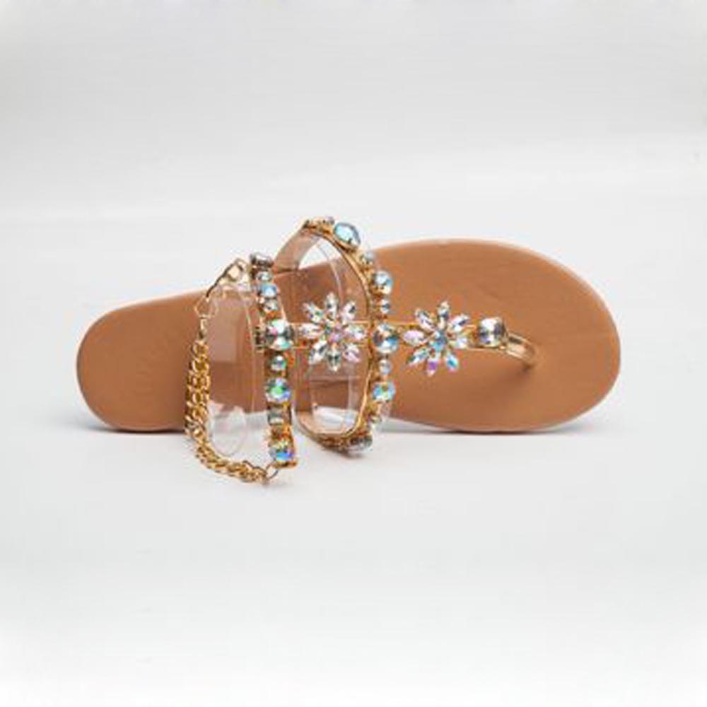 Women Fashion Beach Shoes Rhinestone Metal Chain Crystal Sandals Slip On Flip Flops Sandals