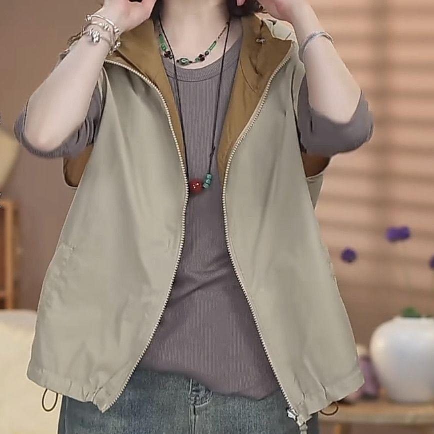 Двусторонний женский жилет-куртка   Весенне-летний свободный худи без рукавов Женский повседневный жилет на молнии Верхняя одежда