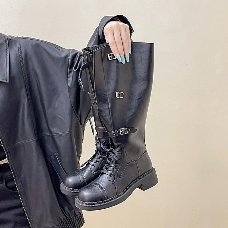 Дизайнерские локомотивные сапоги с пряжкой на ремне женские 2025 осень и зима ретро европейские и американские на толстой подошве на толстом каблуке модные сапоги на высоком каблуке