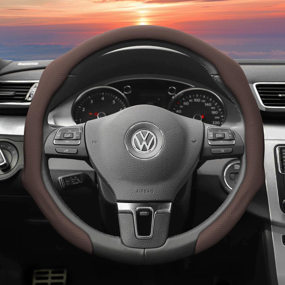 Подходит для Volkswagen Чехол на руль из перфорированной кожи, Нескользящий, Дышащий, Интегрированный защитный чехол Golf Passat Polo Jetta