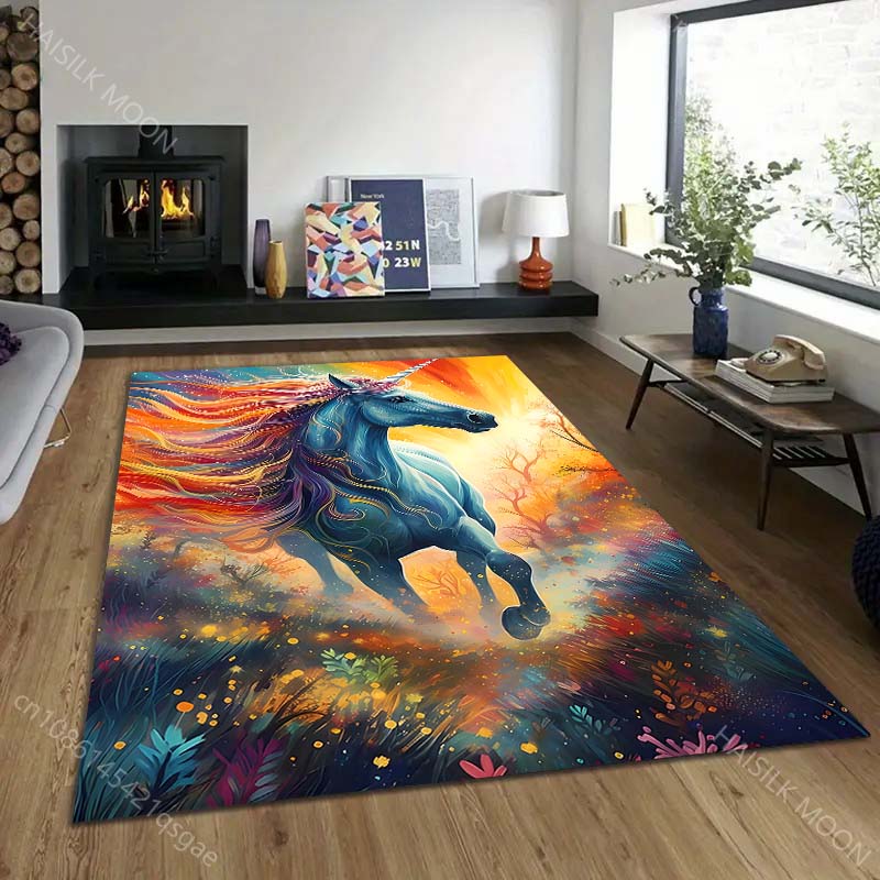 1PC Fantasy unicorn with rainbow Print Carpet Rug for Living Room Bedroom Sofa Doormat Home Decor Non-slip Floor Mat