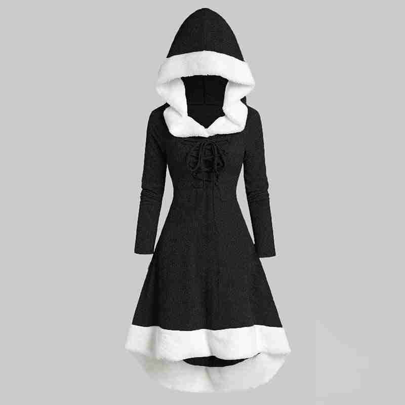 Осеннее и зимнее сочетание пышного платья с длинными рукавами и облегающего плаща с капюшоном на Рождество