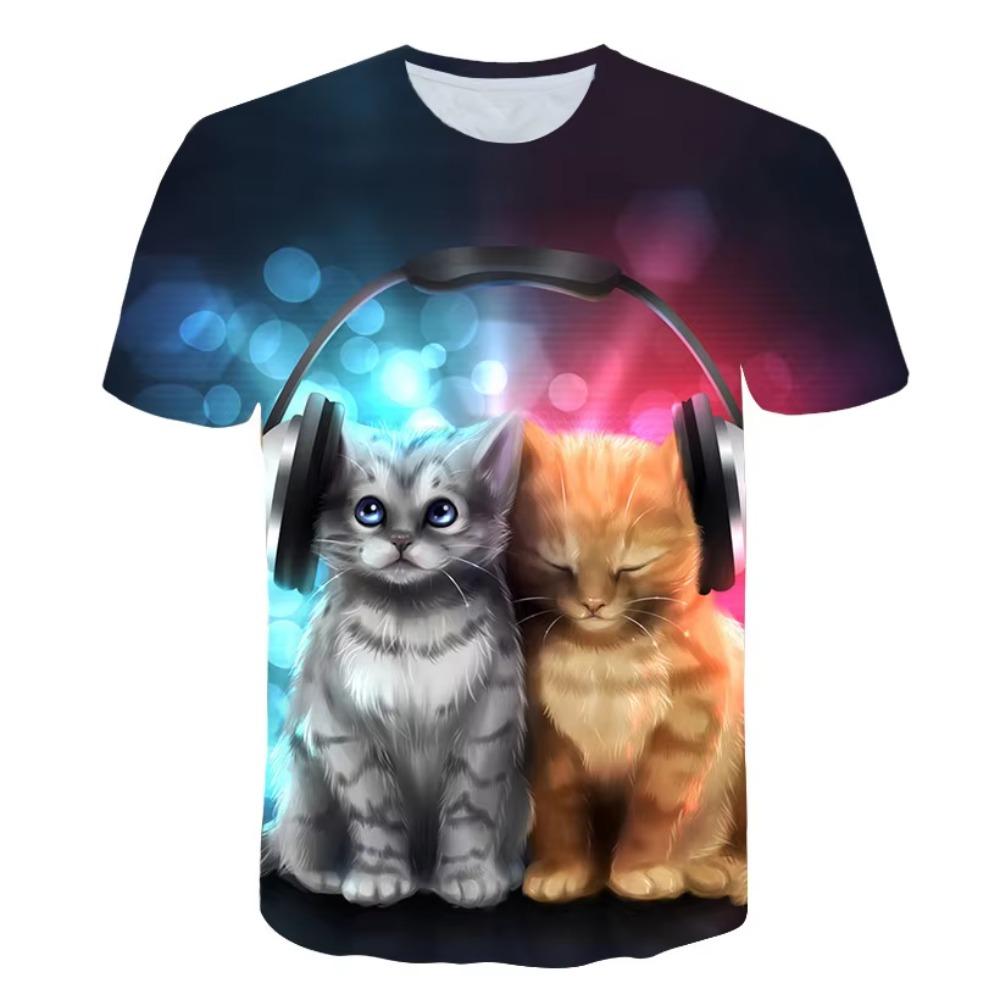 Fashion funny cat pattern T-shirt summer casual round neck short sleeve T-shirt