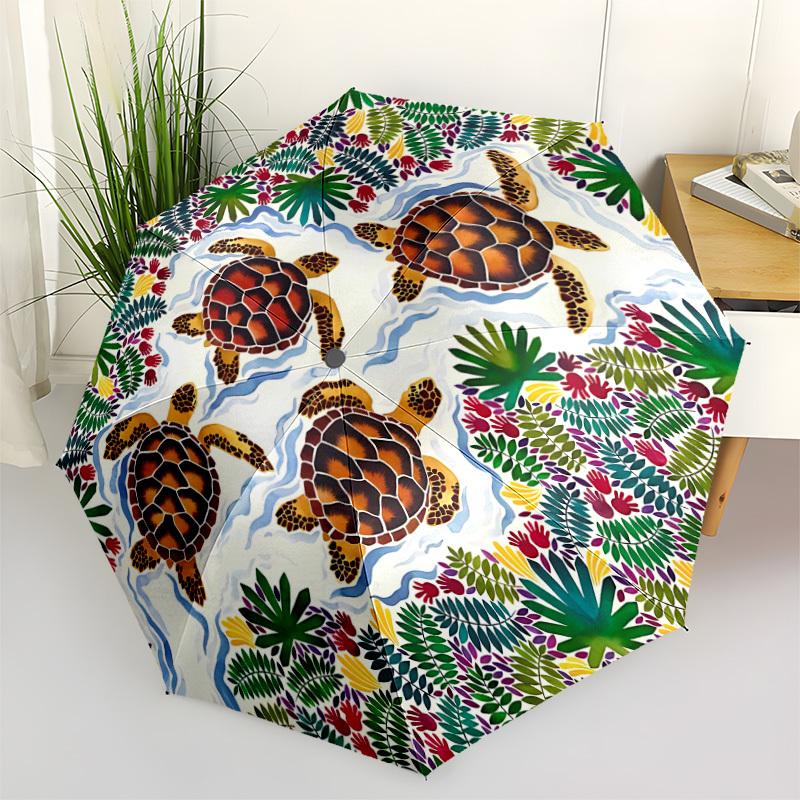 1pc Turtles Leaves Automatic Folding Umbrella, 8-Rib Durable Iron Frame, Compact Travel Umbrella for Women & Men 078
