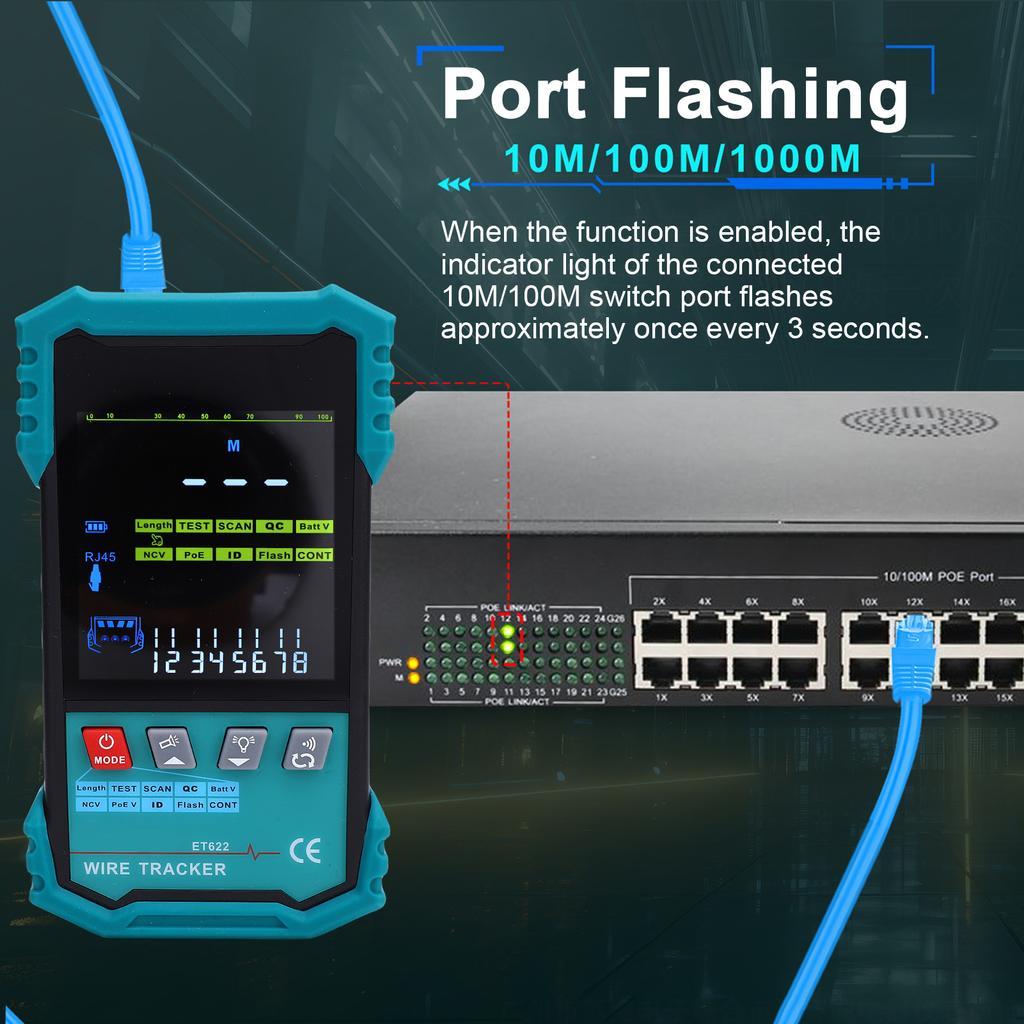 Network Cable Tester with POE Voltage Detection, Wire Tracker, RJ45 Length Measurement (400m), Cable Continuity Test,
