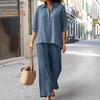 Women's Cotton Linen 2 Piece Set Casual Lapel V Neck Short Sleeve Top Wide Leg Pants Set Summer Loose Lounge Outfits