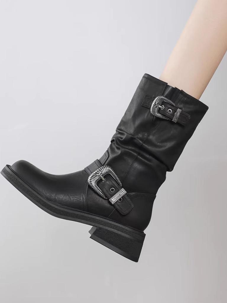 Women Fashion Boots Pleated Mid-calf Boots Platform Heels Autumn Cow Suede Women Boots Square Toe Chunky Heels Boots for