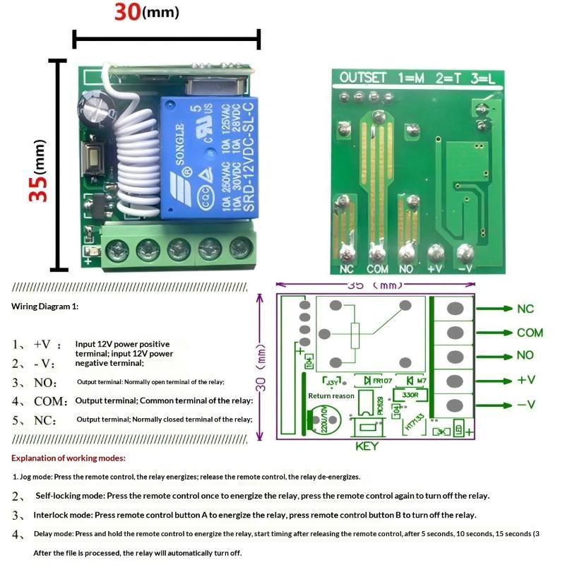 DC12V Wireless Relay Board 433.92M Remote Interlock Module with Protective Shell for Motor Lamp Garage Lock
